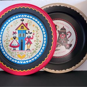 Set of 2 Pennsylvania Dutch Metal Serving Tray German Folk Art 19”